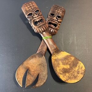 Vintage 11.5in Tiki Salad Servers Brown Hand Carved Wood Coconut Indonesia
